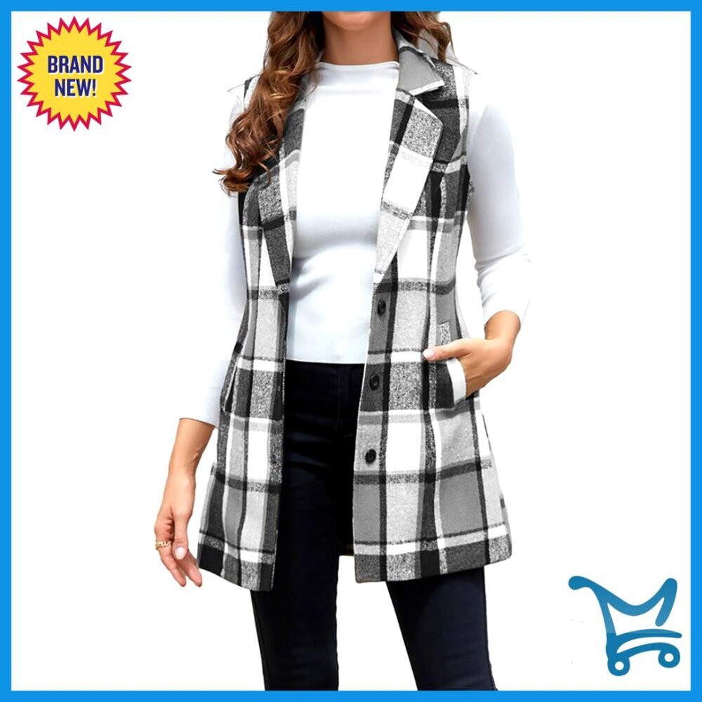Sleeveless Wool Plaid Vest Blazer Fitted Trench Coat Style Casual
